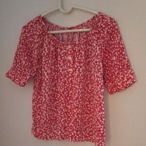 J. Crew Red and White Puff Sleeve Smocked Blouse